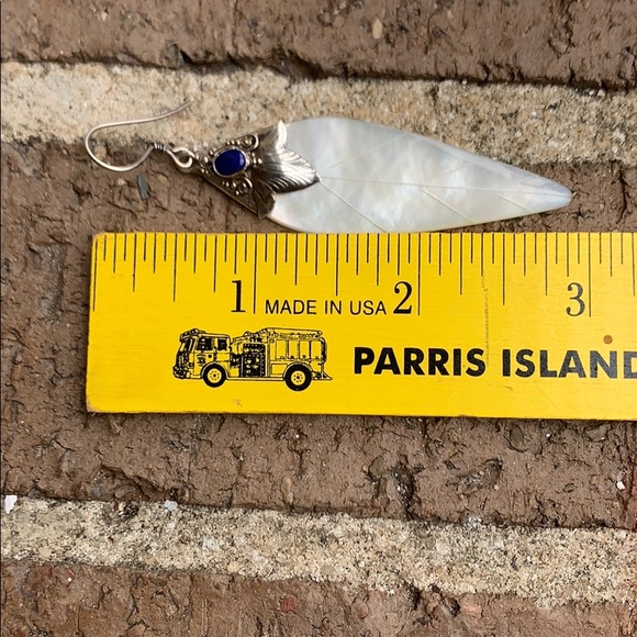 Vintage Sterling Silver Lapis & Mother of Pearl Feather Like Dangle Earrings - Picture 12 of 15